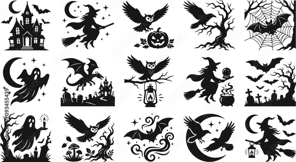 Fototapeta premium Halloween vector bundle spooky silhouettes for designs ghosts witches bats owls more