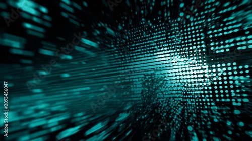 Glowing digital particles rush toward the viewer creating a sense of deep space or rapid motion