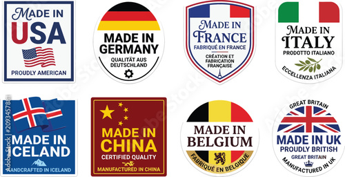 Foto Country of Origin Label Vector Set with Made in USA Germany France Italy Iceland