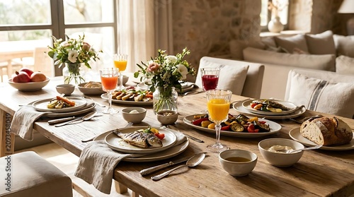 Farmhouse dining table spread with fresh healthy food.