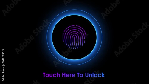 Neon Fingerprint Touch to Unlock Animation on Dark Background – Biometric Security and Digital Access Control Concept