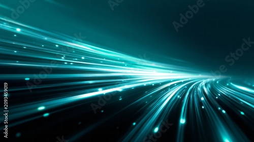 Glowing cyan light trails streak rapidly through a dark digital space