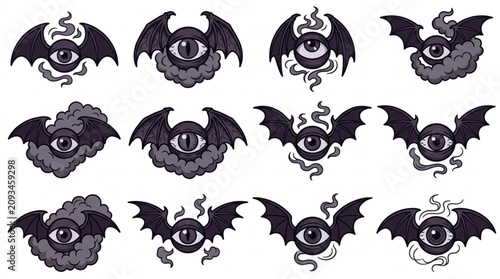 Fotografi Collection of stylized demonic eyes with bat wings and smoke elements