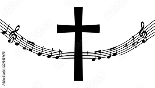 Sacred hymn graphic with Christian cross and flowing music notes