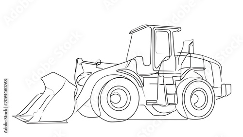 Wheel loader line art illustration white background.