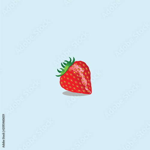 Detailed vector illustration of a single ripe red strawberry with glossy texture, yellow seeds and green leaves on a soft pastel blue background. Realistic fruit design with soft shadow and highlight.