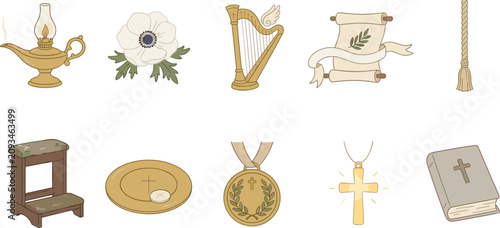 Tableau sur toile A collection of religious and spiritual symbols and objects, including an oil lamp, white flower, harp, scroll, staff, kneeler, paten with host, medal, cross necklace, and Bible