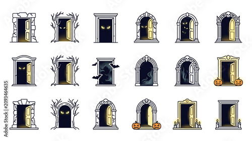 Collection of spooky and mysterious doors with various designs and themes.