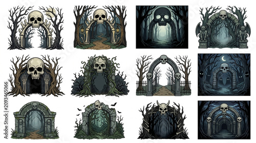 Bild auf Leinwand Gothic Archways and Skulls Collection for Spooky Designs.