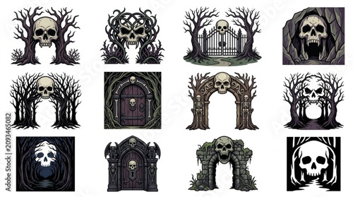 Quadro em tela Collection of Spooky Halloween Gateways and Skull Imagery.