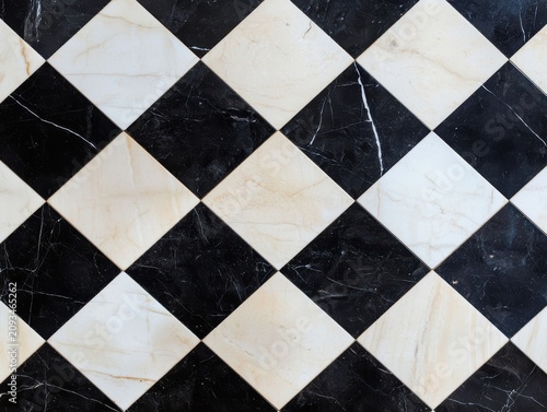 Black and white marble tiles arranged in a checkerboard pattern, showcasing smooth polished surfaces with natural veining.