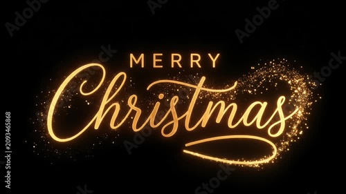 The elegant text MERRY Christmas in a glowing cursive font surrounded by swirling golden glitter on a black background