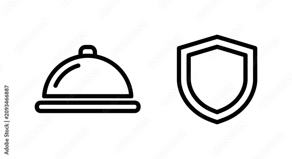 Fototapeta premium Food service cloche and protection shield icons with protection restaurant security hospitality isolated catering insurance guarantee standard business logotype professional