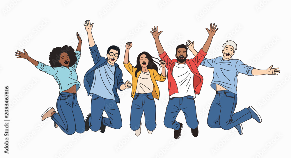 Obraz premium Friends jump up celebrating global friendship with hands in air happily