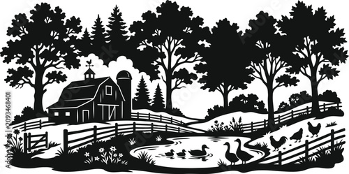 Black and white farm scene with barn and pond
