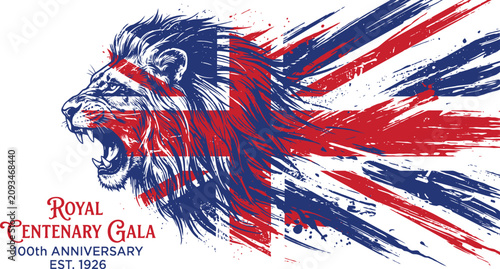 Fotografie Powerful roaring lion head with distressed Union Jack flag design representing B