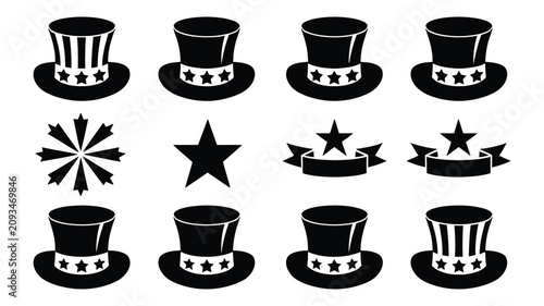 Konstfotografi Uncle Sam Hats, Stars, and Ribbons Vector Set for Patriotic Design, National Cel