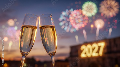 Brindis elegante para celebrar el Año Nuevo 2027 con copas de champán y fuegos artificiales.