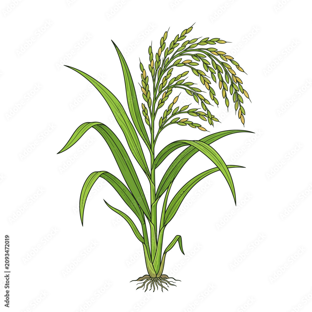 Obraz premium Mature rice plant with golden grains and green leaves
