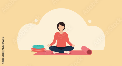 Φωτογραφία A minimalist vector graphic showing a woman practicing yoga and mindfulness while sitting in a meditative lotus position on a pink yoga mat