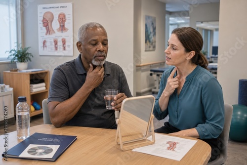 head and neck cancer survivor practices swallowing exercises with a speech therapist using a mirror and water during rehabilitation after radiation treatment and followup care