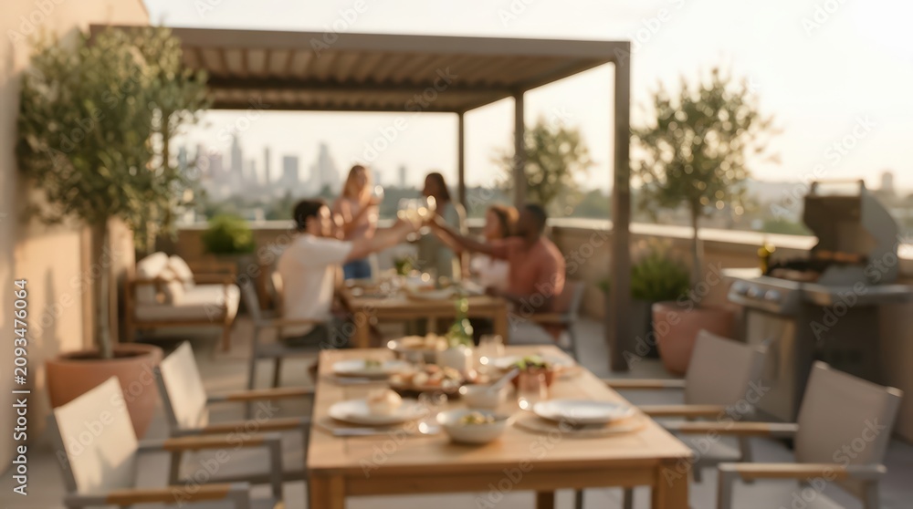 Fototapeta premium blurred wide angle shot of friends celebrating an evening dinner on a luxury rooftop patio with city skyline view
