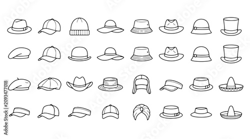 Photography Vector hat icons, 30 hat styles, black line drawings, fashion accessories, headw
