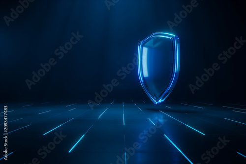 Glowing blue digital security shield floating over a futuristic illuminated floor representing cyber safety and data protection