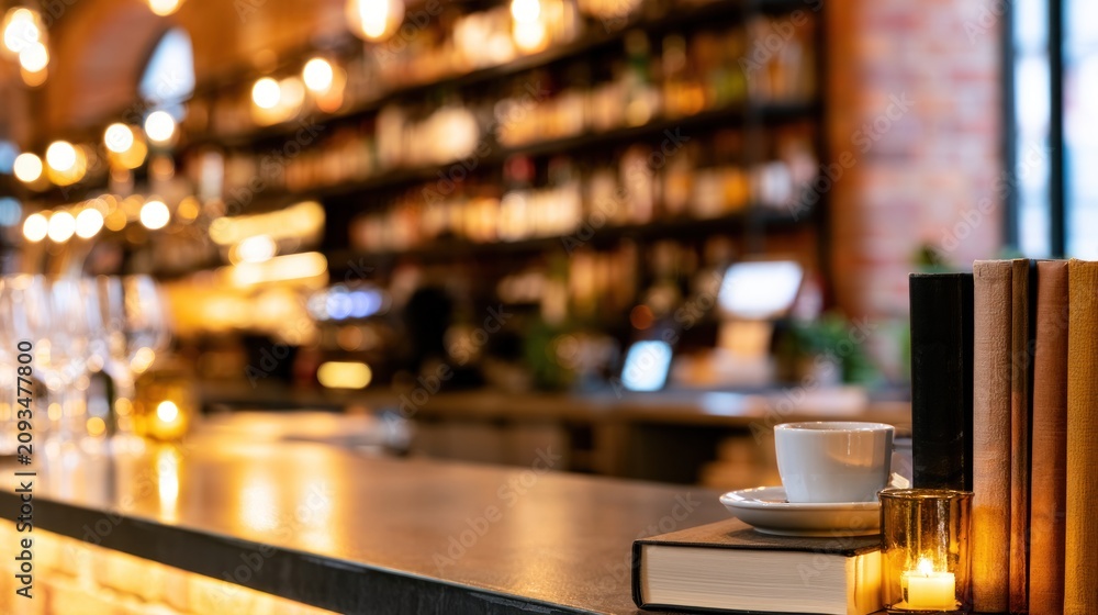 Obraz premium Cozy cafe interior with blurred background, warm lighting, books and a cup on a counter