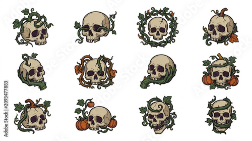 Collection of twelve vintage skull illustrations with floral and pumpkin elements.
