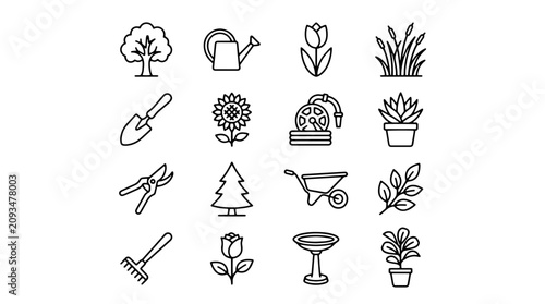 Foto Gardening icons, 20 line style symbols, gardening tools, plants, flowers, garden