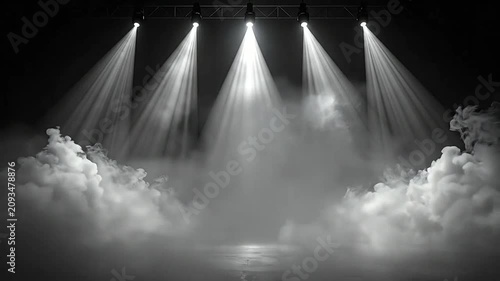 Five bright stage spotlights shine down onto a dark floor filled with thick rolling fog