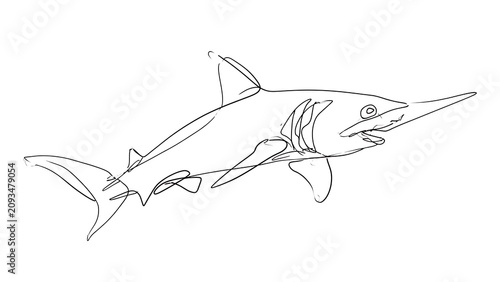 Sawfish line drawing illustration white background.