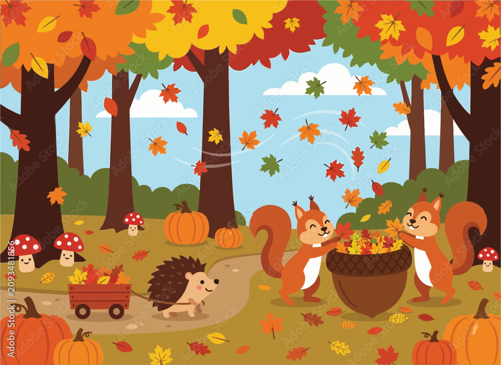 Fototapeta premium Cute squirrels and hedgehog in autumn forest. Fall animals gathering leaves. Kids art.