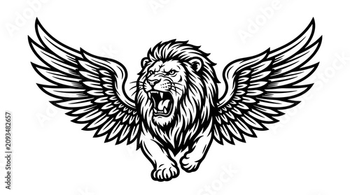 Bild auf Leinwand A fierce lion with outstretched wings roars forward in a classic tattoo style illustration