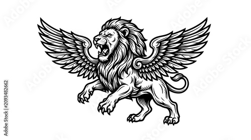 Fényképezés A mythical creature with lion head and wings spread wide in mid-air