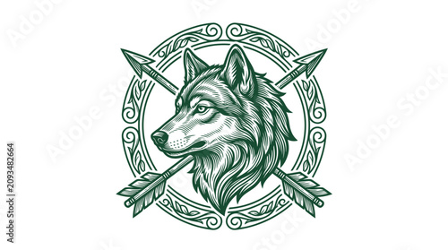 Foto Vintage engraving depicts fierce wolf head with crossed arrows in circular emble