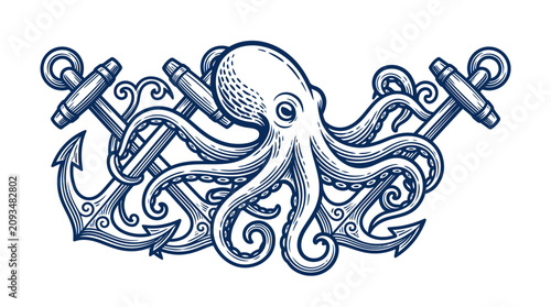Foto An octopus entwines itself around two anchors in a classic nautical scene
