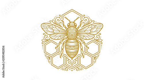 Quadro su tela Vintage engraving depicts a bee hovering above ornate honeycomb in classic tatto