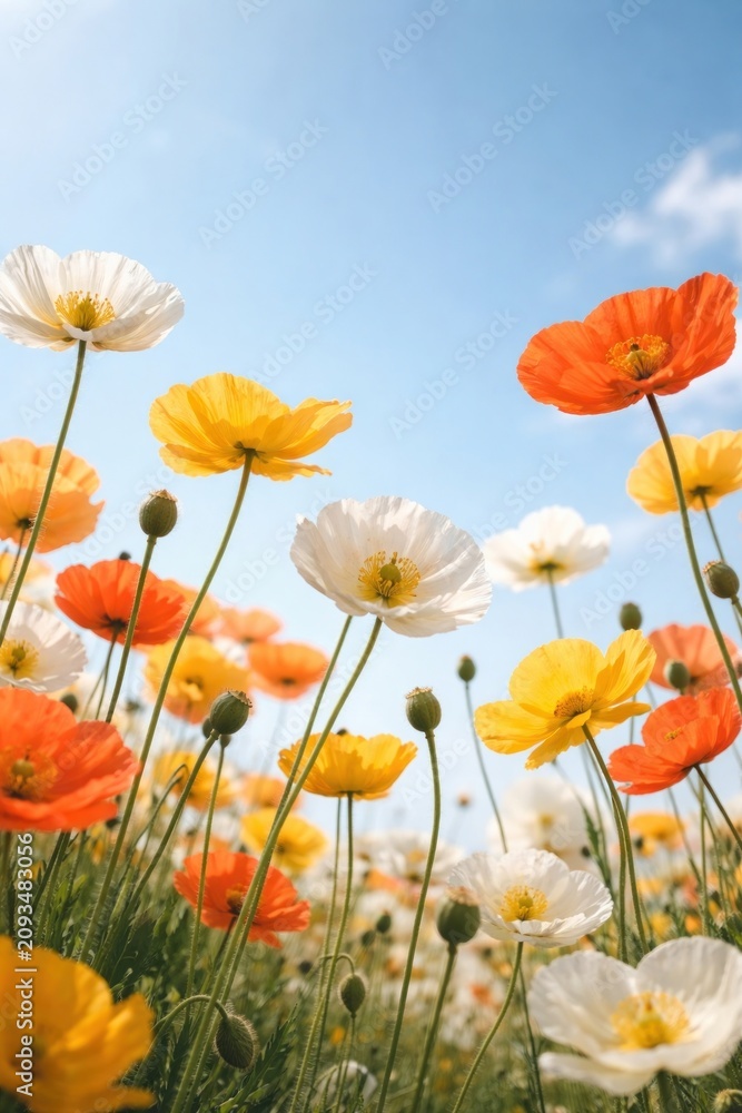 Fototapeta premium Vibrant poppies in orange, yellow, and white under a clear blue sky.