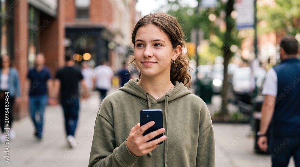 Fototapeta premium Young woman holding smartphone outdoors