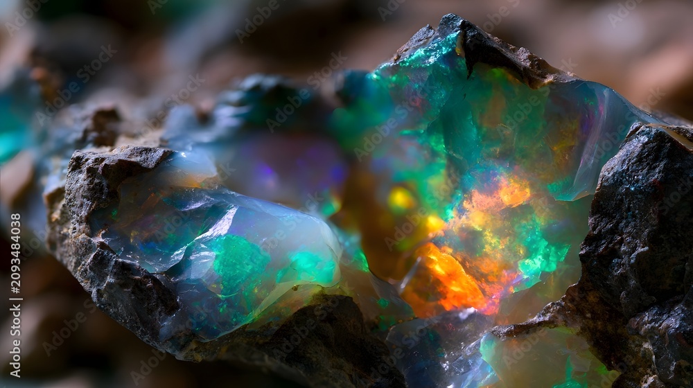 Obraz premium A stunning close up of a natural opal mineral displaying vibrant rainbow like color play against dark rocky matrix