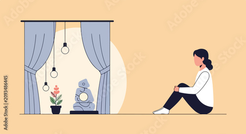Bild auf Leinwand A woman sits on the floor, looking at a home shrine featuring a Ganesha idol, hanging light bulbs, and curtains in a minimalist vector style