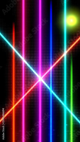 Vibrant neon light beams and lens flares.