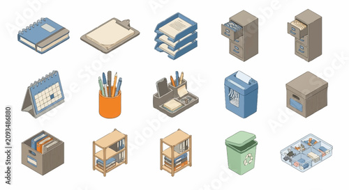 Fotografía Colorful Isometric Office and Industrial Equipment Icons.