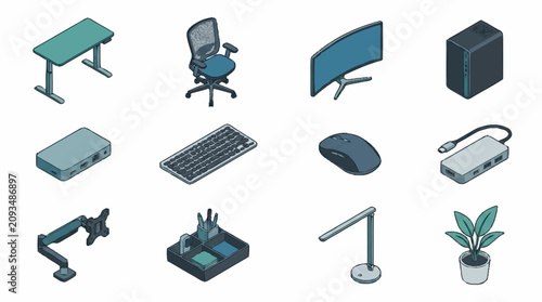 Fotografía Flat design office equipment and technology icons set.
