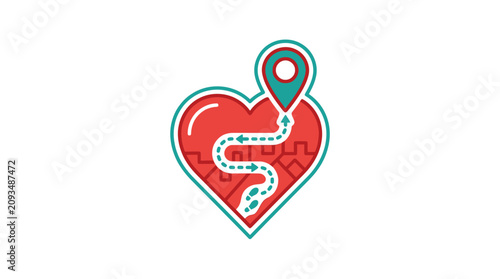 Obraz na płótnie A heart-shaped map with a winding route and a location pin on top