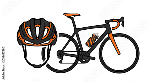 An illustration of a bicycle and helmet on a plain background