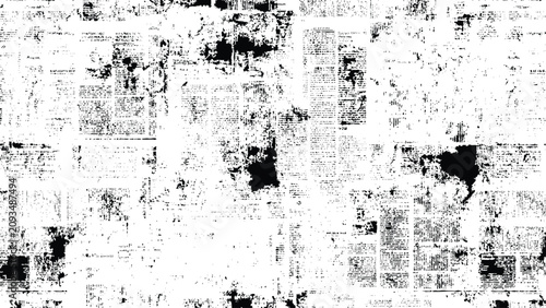   
distressed newspaper collage texture with heavy ink blotches faded print and chaotic abstract surface for grunge design overlay