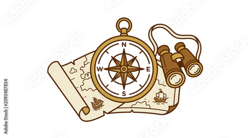 Vintage illustration of a compass, binoculars, and an old treasure map, symbolizing adventure and exploration.